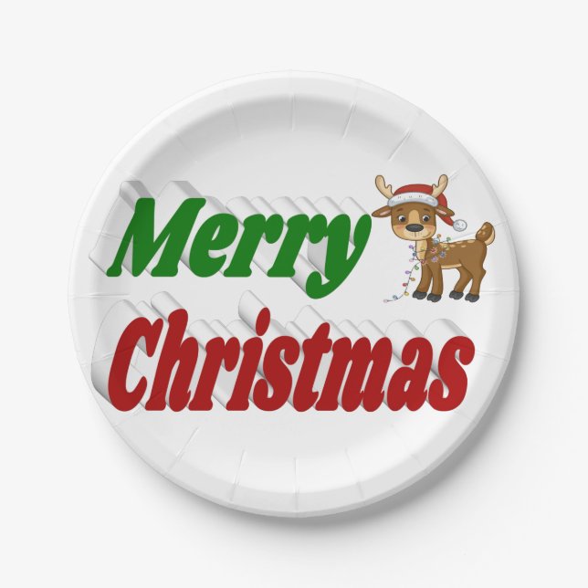 Prato De Papel Merry Christmas Reindeer red green typografia (Frente)