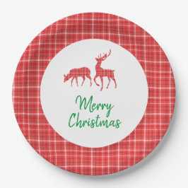 Prato De Papel Merry Christmas Reindeer Red White Twill Xadrez