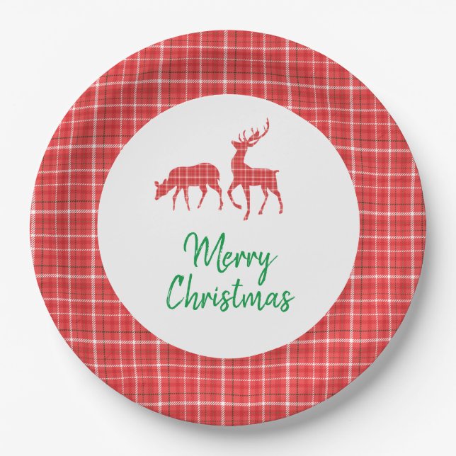 Prato De Papel Merry Christmas Reindeer Red White Twill Xadrez (Frente)