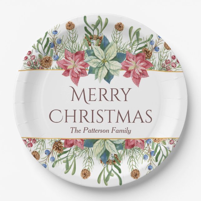 Prato De Papel Merry Christmas Watercolor Winter Flowers Name (Frente)