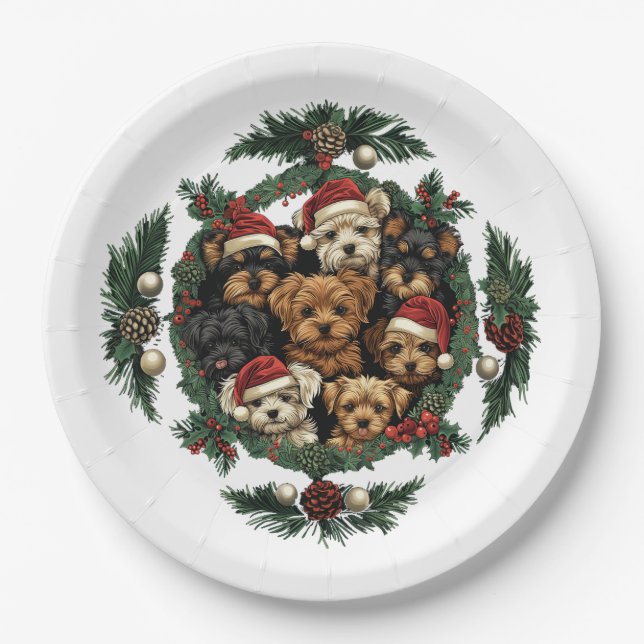 Prato De Papel Merry Christmas Yorkshire Terrier Dogs (Frente)