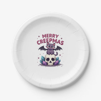 Prato De Papel Merry Creepmas Cat Pastel Goth Christmas Skull T-S