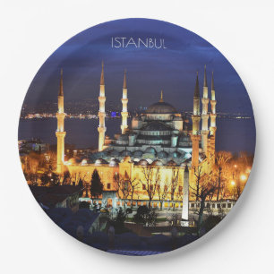 Prato De Papel Mesquita Azul de Istambul Vista Noturna Cenário Tu