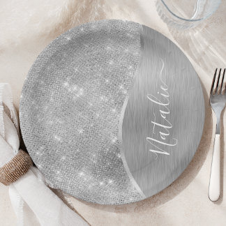 Prato De Papel Metálico Personalizado Da Glitter De Prata Glam