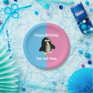 Prato De Papel Meu amigo, o pinguim, personalizado para gêmeos