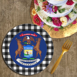 Prato De Papel Michigan Plate, xadrez de búfalos EUA e Bandeira d