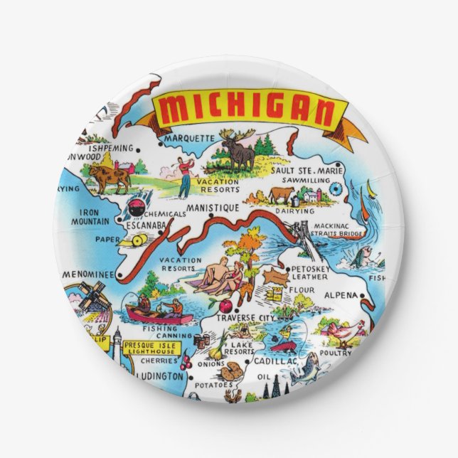 Prato De Papel Michigan Postcard Map  (Frente)