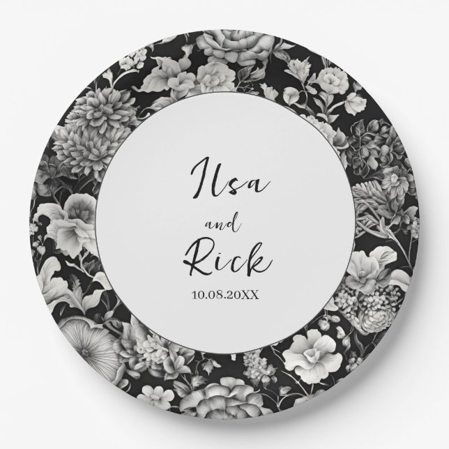 Prato De Papel Midnight Bloom: Um Casamento Floral Negro (Frente)