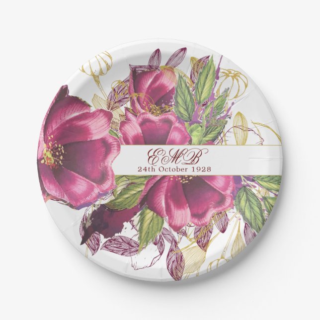 Prato De Papel Milestone Birthday Burgundy Chic Floral Elegante (Frente)