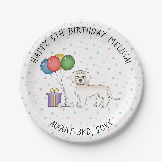 Prato De Papel Mini Goldendoodle Creme Aniversário Cachorro Fofo  (Frente)