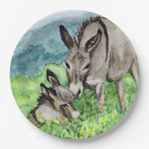 Prato De Papel Miniatura, Donkey e Baby Watercolor Art