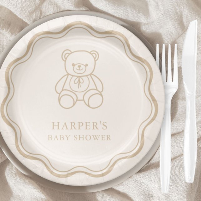 Prato De Papel Minimal Teddy Bear Gender Neutral Baby Shower (Criador carregado)