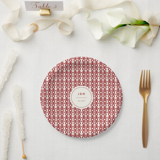 Prato De Papel Minimalista Dupla Felicidade Vermelha Casamento Ch (Casamento)
