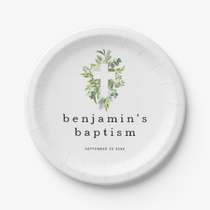 Prato De Papel Mínimo Eucalyptus Cross Name Date Baptism