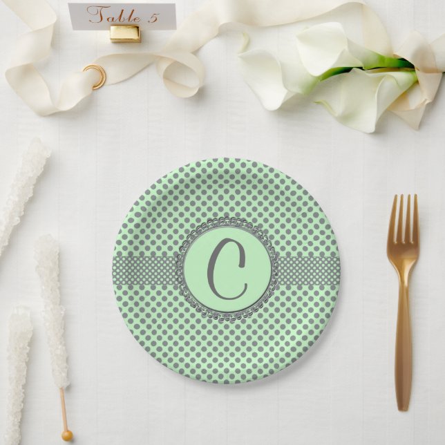 Prato De Papel Mint Green com Bolinhas-Monograma de Cinzas (Casamento)