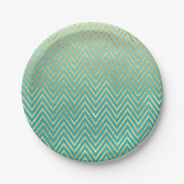 Prato De Papel Mint Green Dourada Glam Chevron Ombre (Frente)