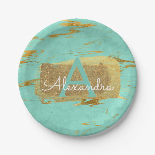 Prato De Papel Mint Green e Gold Foil Elegante Marble Birthday