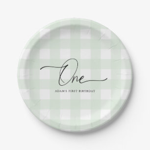 Prato De Papel Mint Green Gingham Primeiro Aniversário Plates