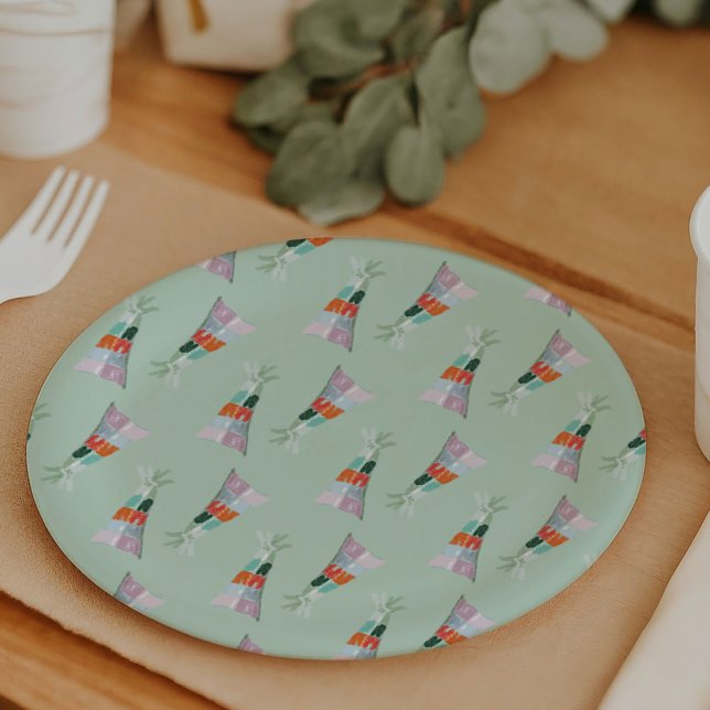 Prato De Papel Mint Green Party Hat Birthday (Fox in a Party Hat birthday party paper plates)
