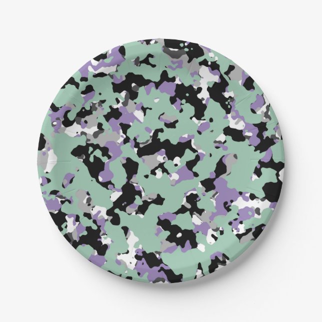 Prato De Papel Mint Green & Purple Camouflage Camo Party - Impres (Frente)