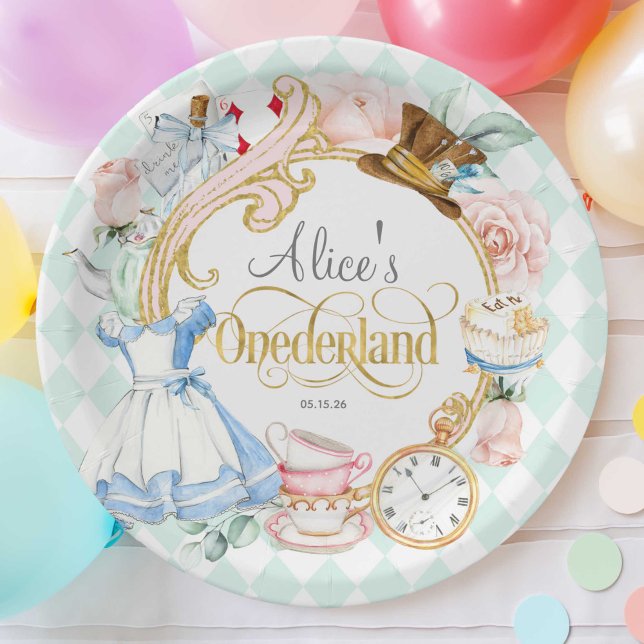 Prato De Papel Mint, Onederland, Festa de chá de primeiro anivers (Teal, Alice Onederland, girl 1st birthday, Mad hatter tea party birthday paper plate.)