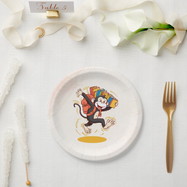 Prato De Papel Mochila animada da escola de macacos e diversão (Casamento)