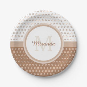 Prato De Papel Mod Brown e White Bolinhas Monograma com Nome