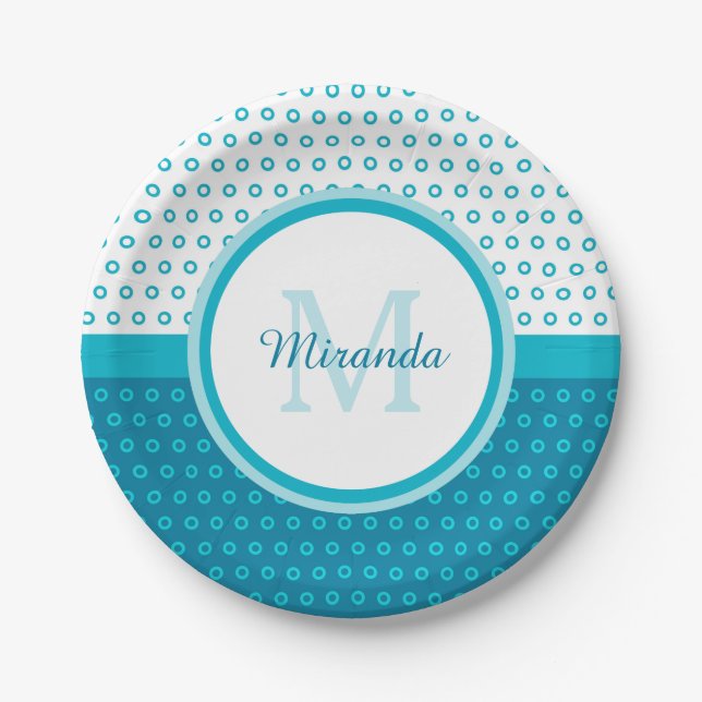 Prato De Papel Mod Turquoise Blue Bolinhas Monograma Com Nome (Frente)