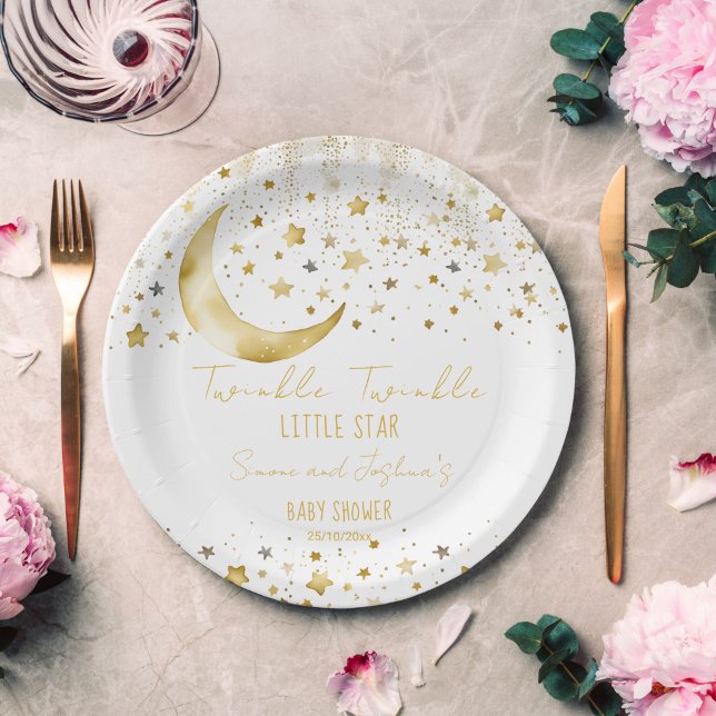 Prato De Papel Modelo de chá de fraldas de pequena estrela cintil (Twinkle twinkle little star baby shower template paper plates personalized tableware white and gold)