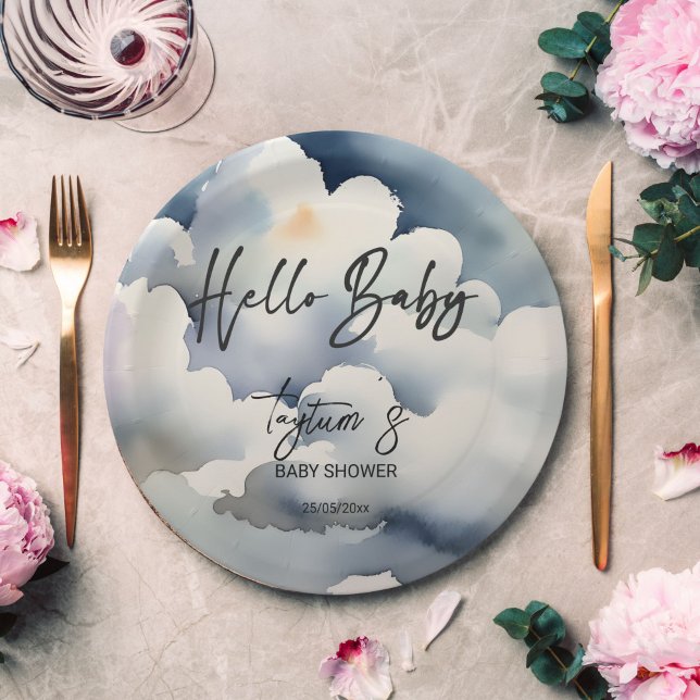 Prato De Papel Modelo de nuvens de cinzas de chá de fraldas (Cloud hello baby baby shower grey clouds template paper plates personalized tableware decor)