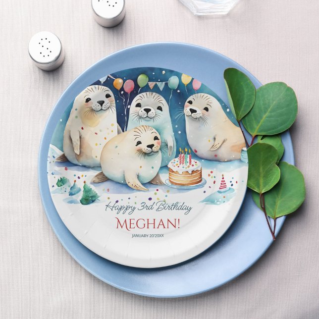 Prato De Papel Modelo personalizado de aniversário de inverno par (Arctic seal winter wonderland birthday party personalized template paper plates table decor)