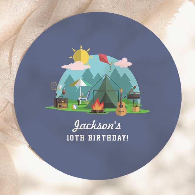 Prato De Papel Modern Blue Camping Birthday Party (Criador carregado)