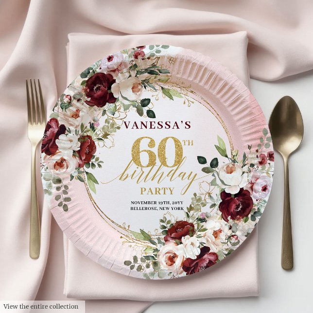 Prato De Papel Modern Boho Burgundy Gold Floral 60th Birthday  (Modern Boho Burgundy Gold Floral 60th Birthday Plates)