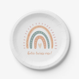 Prato De Papel Modern Boho Rainbow Pastel Primeiro Aniversário
