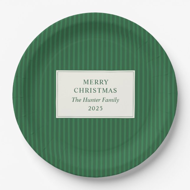 Prato De Papel Modern Christmas Minimal Holiday Green Stripes (Frente)