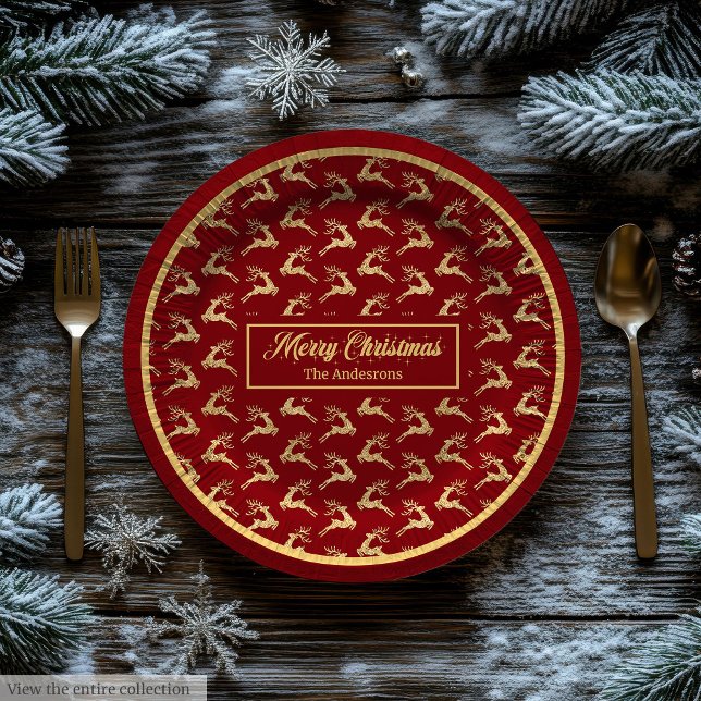 Prato De Papel Modern Christmas Paper Plates Red & Gold Reindeer (Modern Christmas Paper Plates Red & Gold Reindeer)