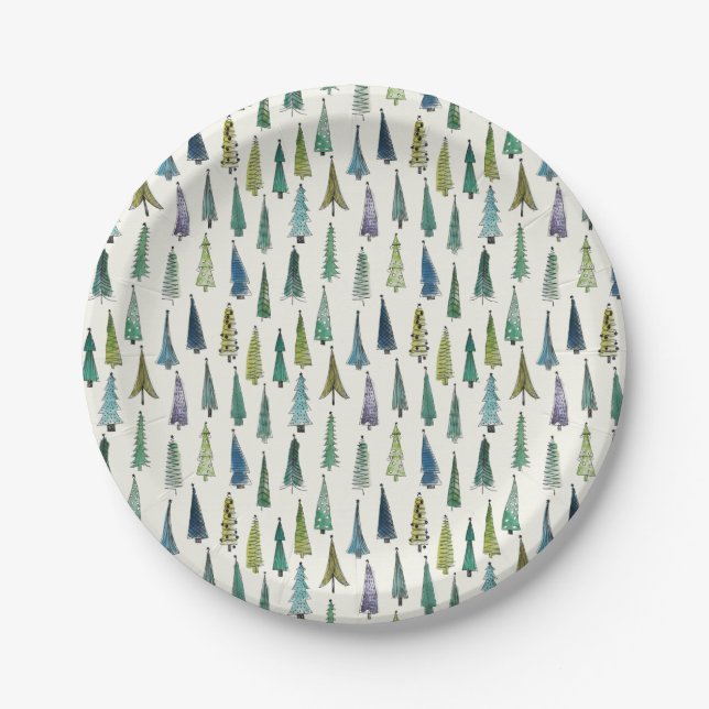 Prato De Papel Modern Christmas Trees Illustrated Pattern (Frente)