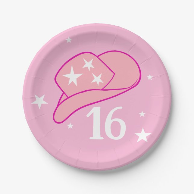 Prato De Papel Modern Cowgirl Western Hat Pink Sweet 16 Aniversár (Frente)