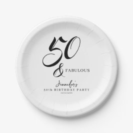 Prato De Papel Modern Elegant Black White Fifty Fabulous Birthday