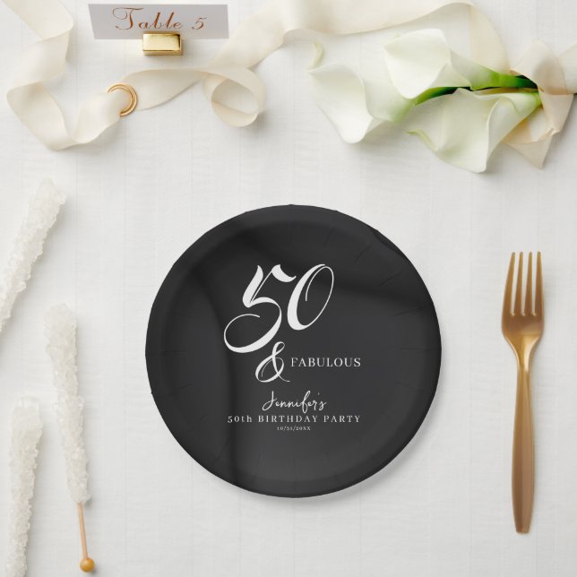 Prato De Papel Modern Elegant Black White Fifty Fabulous Birthday (Casamento)