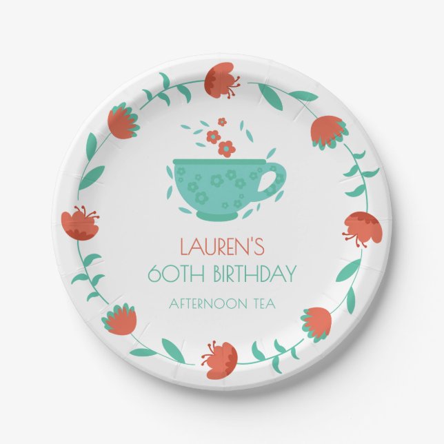 Prato De Papel Modern Floral Birthday - Tea Party Paper Plate (Frente)