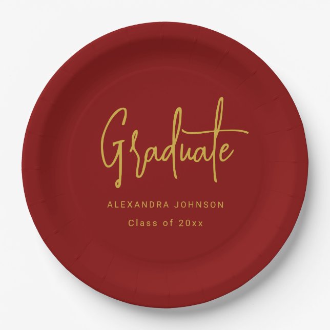 Prato De Papel Modern Gold Script Graduation Party Red Custom (Frente)