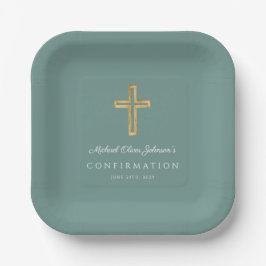 Prato De Papel Modern Green Religious Cross Boy Confirmation