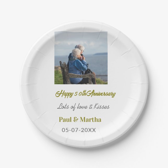 Prato De Papel Modern happy 50th anniversary add name date photo  (Frente)
