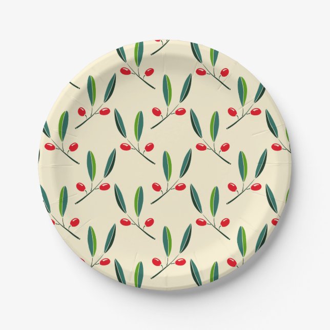 Prato De Papel Modern Illustrated Red Berries Pattern (Frente)