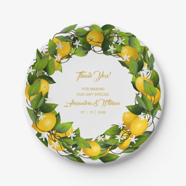 Prato De Papel Modern Lemon Wreath Obrigado | Casamento (Frente)