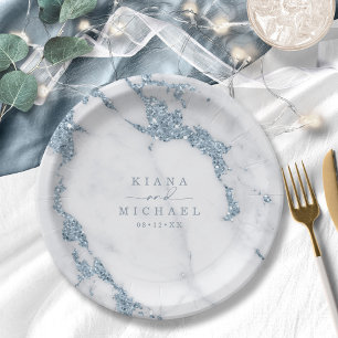 Prato De Papel Modern Marble Glitter Wedding Dusty Blue ID816