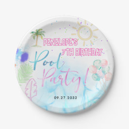 Prato De Papel Modern Neon Glow Watercolor Pool Party Birthday
