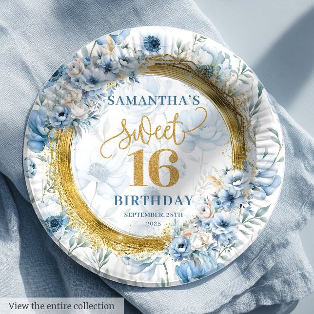 Prato De Papel Modern Pastel Blue Sweet 16 Dourado Partido Glitte (Modern Pastel Blue Sweet 16 Gold Glitter Party Paper Plates)