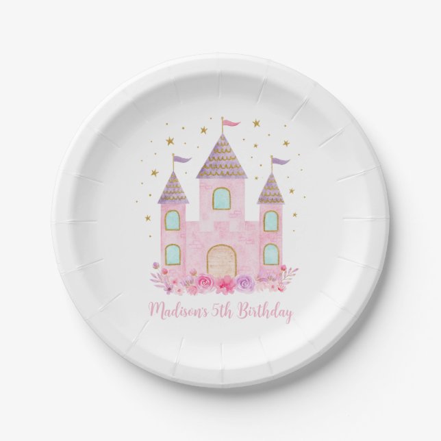 Prato De Papel Modern Pink Dourado Princess Castle Birthday (Frente)